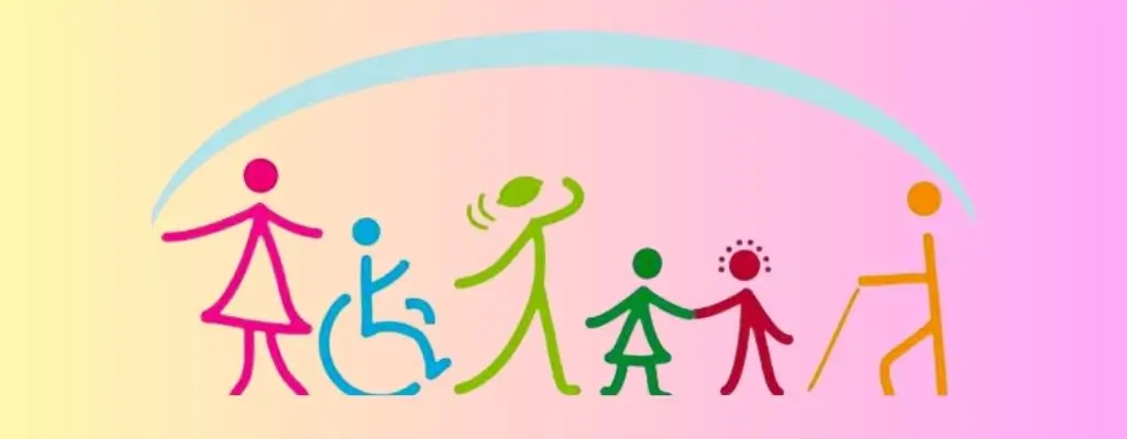 Obrazek przedstawia symboliczną ilustrację inkluzji społecznej, gdzie różnorodne sylwetki reprezentują ludzi w różnym wieku, z różnymi potrzebami i ograniczeniami. W centrum znajduje się postać na wózku inwalidzkim, obok osoby z laską, dziecka oraz postaci dorosłych. Sylwetki są kolorowe i uproszczone, co symbolizuje równość i jedność, reprezentują różne stopnie niepełnosprawności. Nad postaciami unosi się łuk w jasnym odcieniu błękitu, który może symbolizować ochronę, wsparcie i wspólnotę. Całość utrzymana jest w pastelowych barwach, co nadaje obrazowi ciepły, pozytywny i przyjazny charakter.
