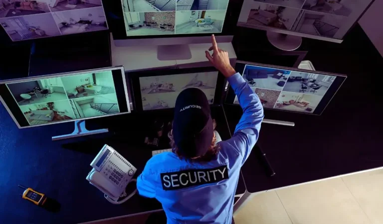 Ochroniarz w czapce i koszuli z napisem „SECURITY” siedzi w centrum monitoringu, przed nim wiele ekranów z obrazem z kamer. Palcem wskazuje jeden z ekranów, analizując sytuację. Widać skupienie, czujność i odpowiedzialność – to praca wymagająca pełnego zaangażowania mimo późnej pory. Obraz pokazuje, że „Jak radzić sobie z nocną zmianą” to także kwestia organizacji, koncentracji i kontroli.